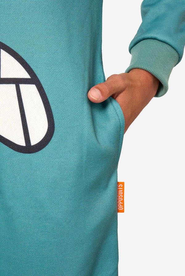 Teal Plankton onesie with a logo and a visible brand tag on a white background