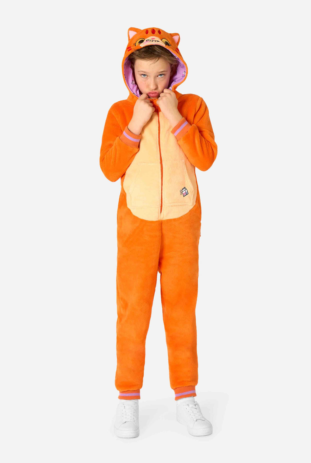 Child wearing an orange cat-themed onesie on a white background