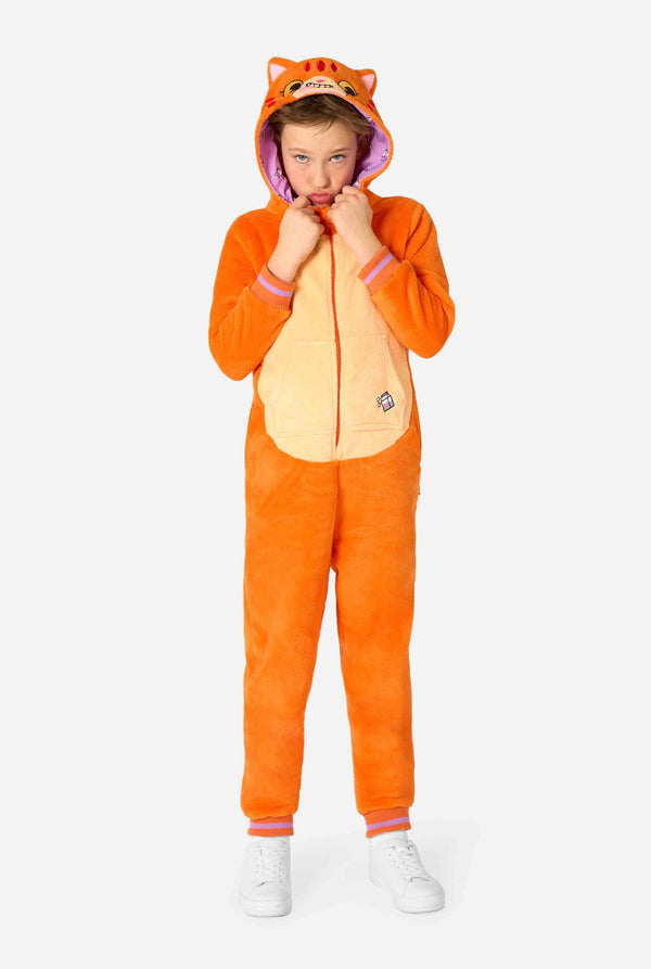Person wearing an orange cat onesie on a white background. Full body image