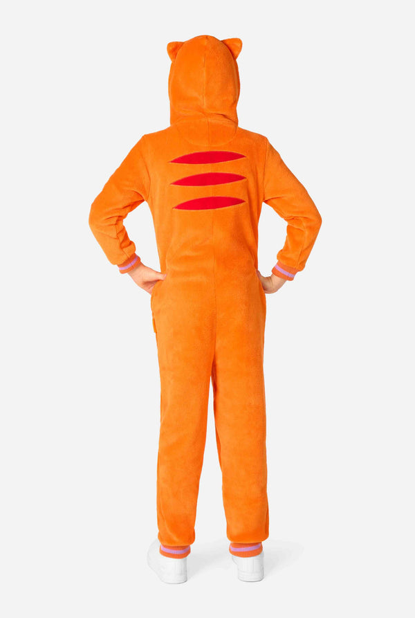 Orange onesie with cat ears and red accents on a white background