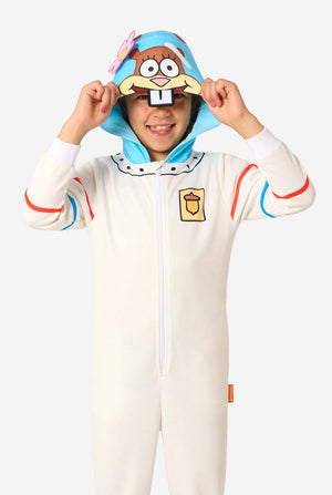 Person wearing a Spongebob-themed onesie with a white background