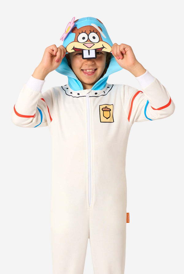 Person wearing a Spongebob-themed onesie with a white background