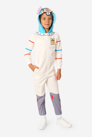 Child wearing a onesie with a Spongebob character on a white background