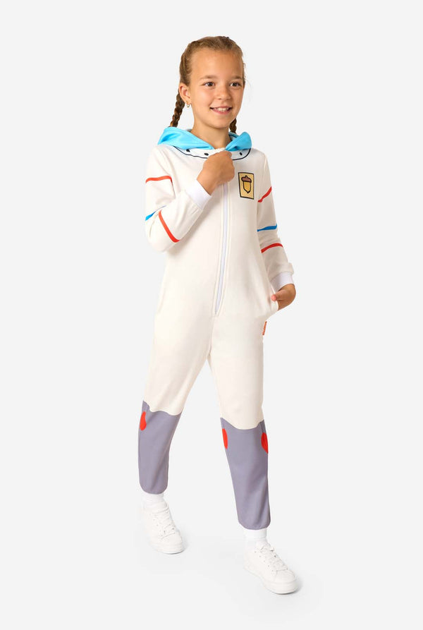 Child wearing a white Spongebob-themed onesie with colorful accents on a white background