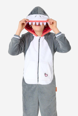 Shark-themed onesie with a hood on a white background