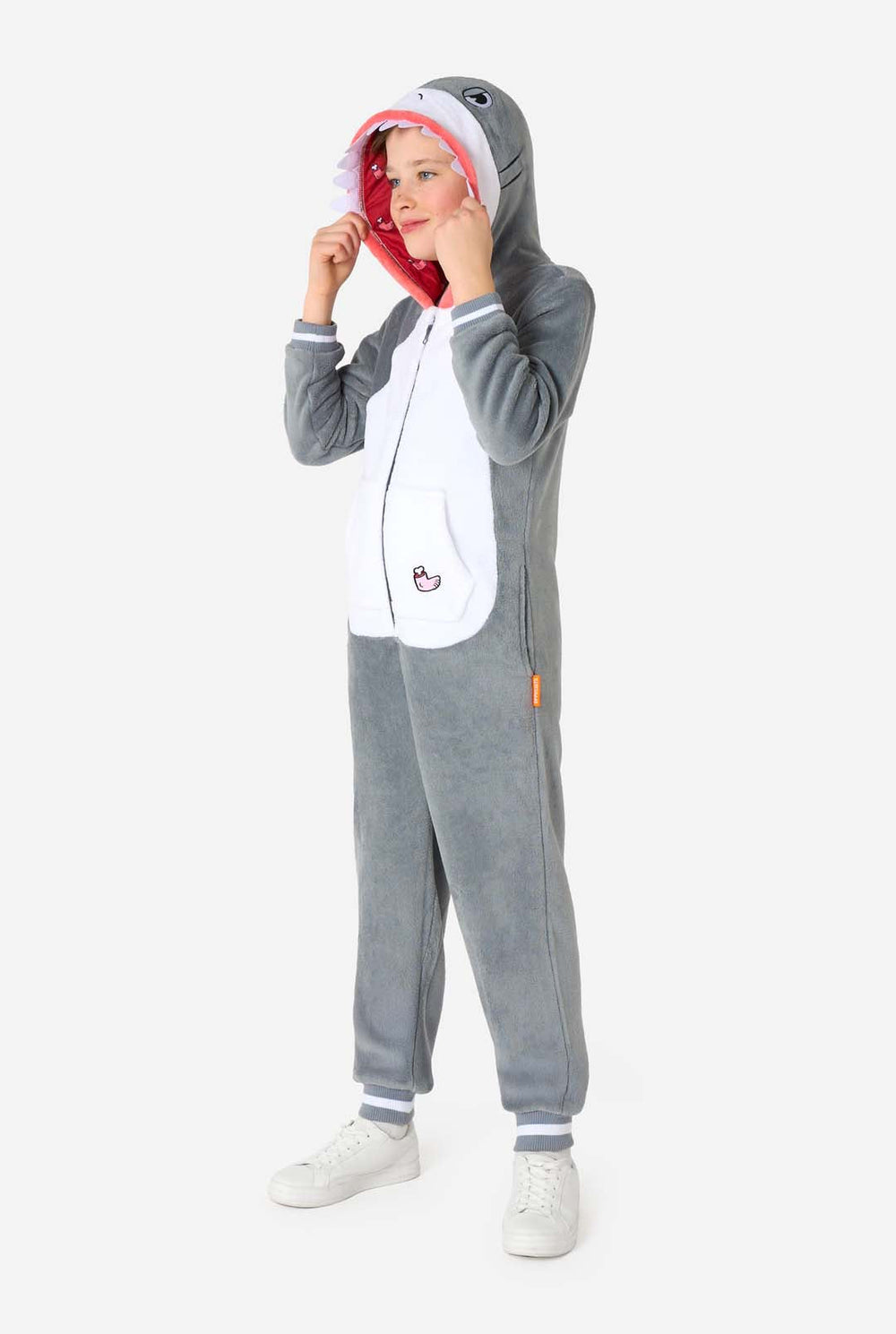 Shark-themed onesie with a hood on a white background