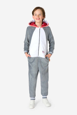 Child wearing a gray and white shark onesie with a hood on a white background. Full body image