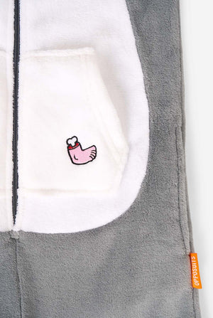 Gray and white shark onesie vest with a small logo on a white background