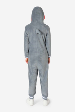 Person wearing a gray shark onesie with a hood on a white background. View from the back