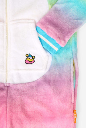 Colorful onesie with a unicorn character on a white background