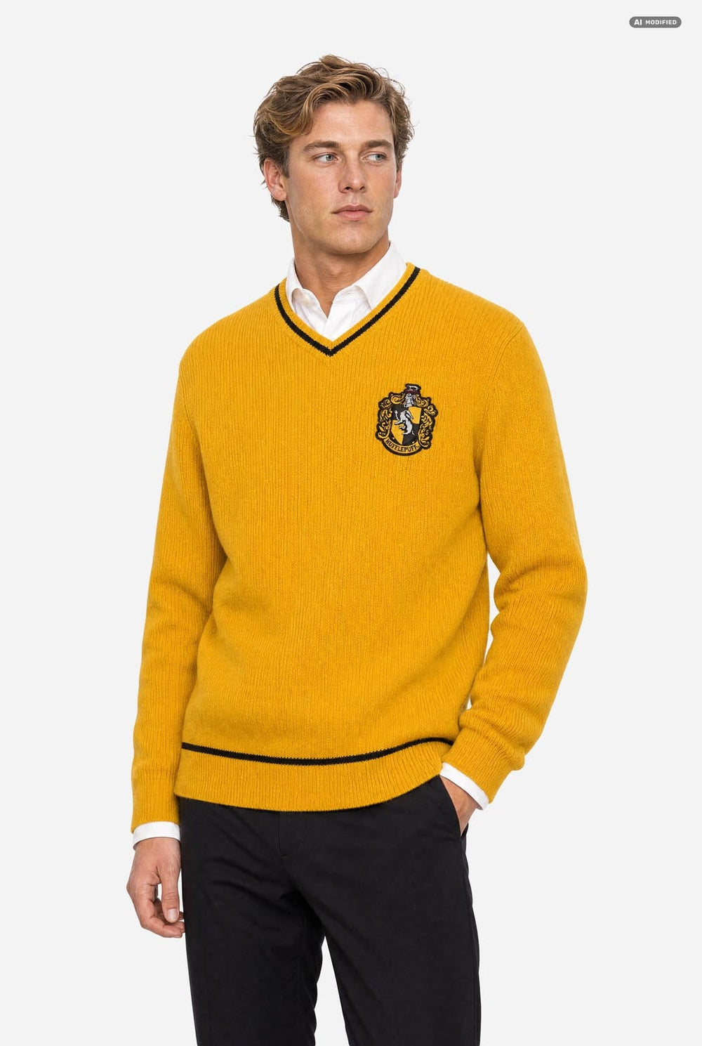 A man wearing a mustard yellow v-neck sweater with black and white trim and a Gryffindor crest on the chest, layered over a white collared shirt and paired with black trousers, against a light gray background.