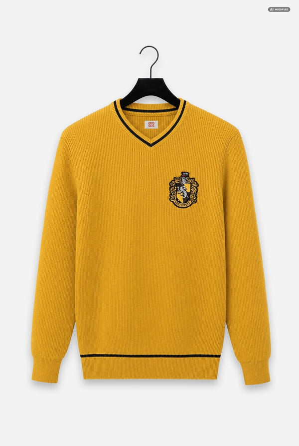 A yellow ribbed knit sweater with black trim on a black hanger, featuring a gold and blue embroidered crest on the left chest.