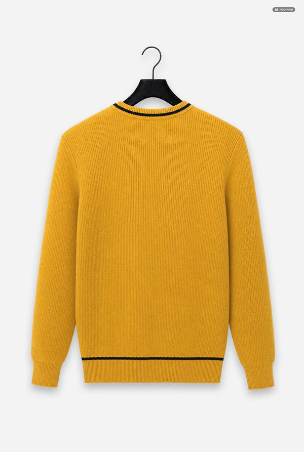 A mustard yellow ribbed knit sweater with black trim at the crew neck and hem, hanging on a black hanger against a light gray background.