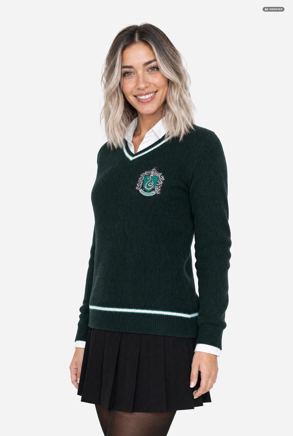 A woman modeling a dark green long-sleeve V-neck Harry Potter sweater with white stripes and a Slytherin crest emblem on the chest, paired with a black pleated skirt, black tights, and black boots, against a light gray background.