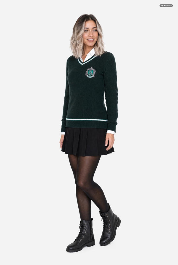 A woman modeling a dark green long-sleeve V-neck Harry Potter sweater with white stripes and a Slytherin crest emblem on the chest, paired with a black pleated skirt, black tights, and black boots, against a light gray background. Full body image.