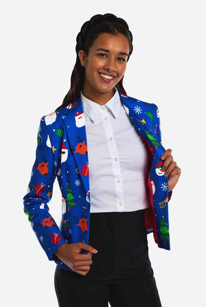 Woman wearing blue Christmas blazer for women, with Christmas icons on it