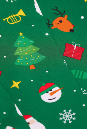 Woman wearing green Christmas blazer for women, with Christmas icons on it. Close up.