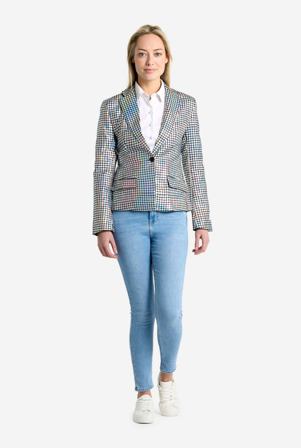 Woman wearing a checkered Discoball blazer and light blue jeans on a white background