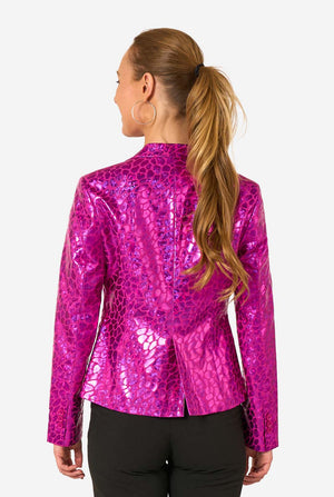 Woman wearing a bright pink shiny jacket on a white background. View from the back
