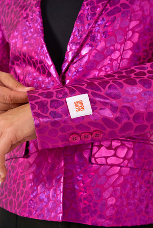 Close-up of a pink patterned jacket with a OppoSuits label.