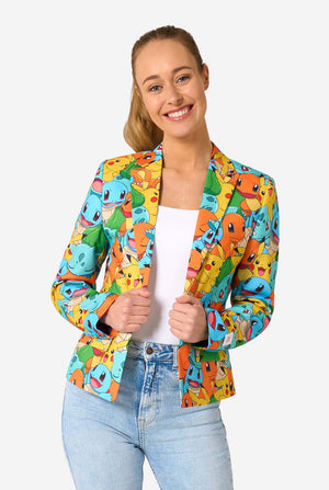 Woman wearing a colorful blazer with Pokemon character pattern on a white background