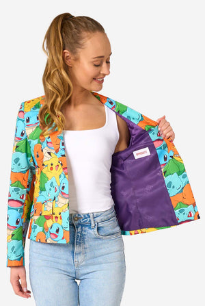 Person wearing a colorful jacket with Pokemon character patterns on a white background
