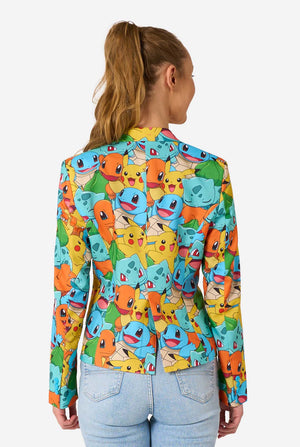 Person wearing a colorful blazer with Pokemon character pattern on a white background. View from the back