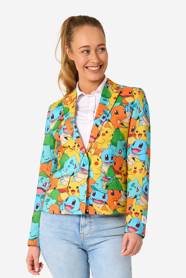 Woman wearing a colorful blazer with Pokemon character pattern on a white background
