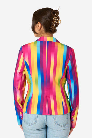Person wearing a colorful striped shirt on a white background. View from the back