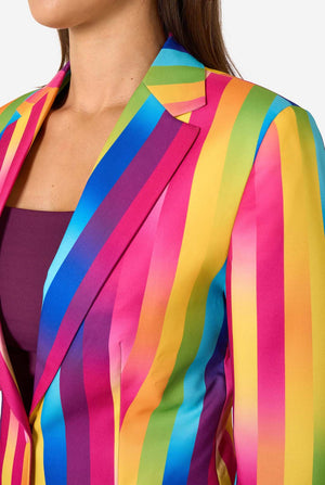 Close-up of a colorful striped jacket with vibrant rainbow pattern.