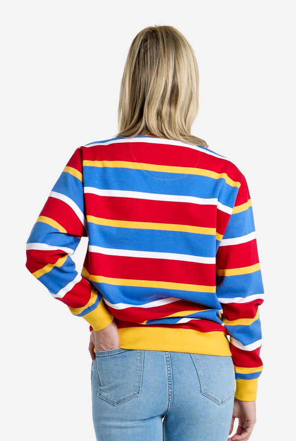 Person wearing a colorful striped Ernie sweater with a plain background. View from the back