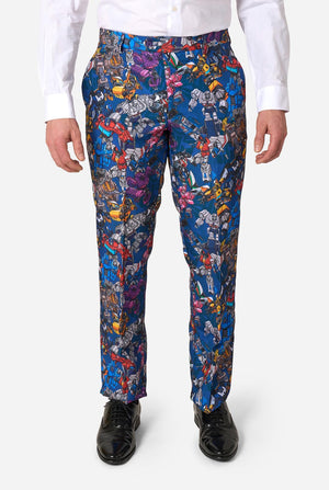 Colorful patterned Transformers pants worn by a person on a white background
