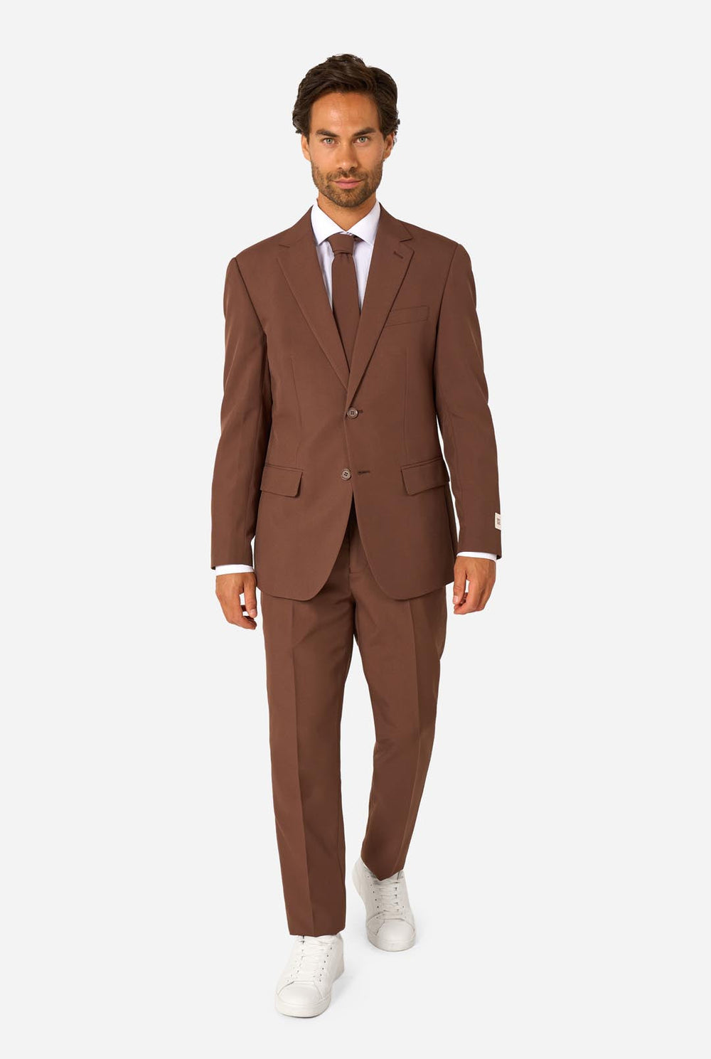 Man wearing a brown suit with a white shirt and tie on a white background