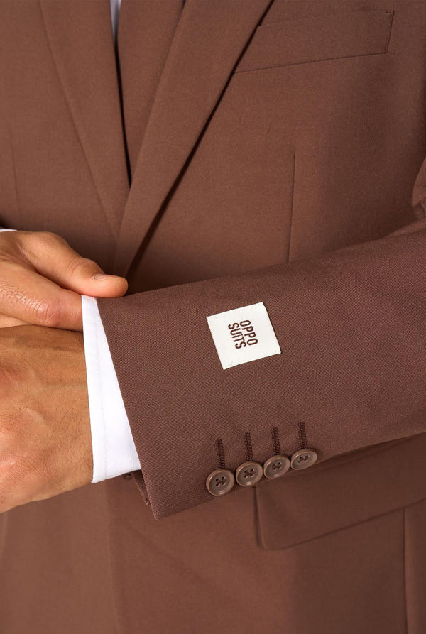Brown suit jacket with a visible OppoSuits label on the sleeve