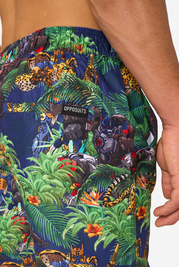 Transformers-themed shorts with transformers prints and 'OPPOSUITS' branding.