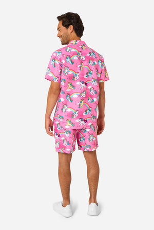 Man wearing a pink My Little Pony outfit with unicorn and rainbow patterns on a white background. View from the back.