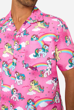 Pink My Little Pony shirt with unicorn and rainbow pattern worn by a person
