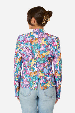 Person wearing a colorful My Little Pony patterned blazer with cartoon characters on a white background. View from the back.