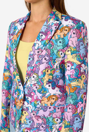 Colorful My Little Pony blazer with cartoon horse pattern worn by a person