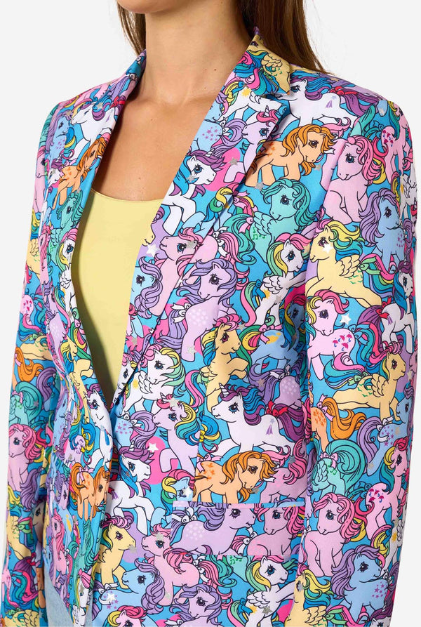 Colorful My Little Pony blazer with cartoon horse pattern worn by a person