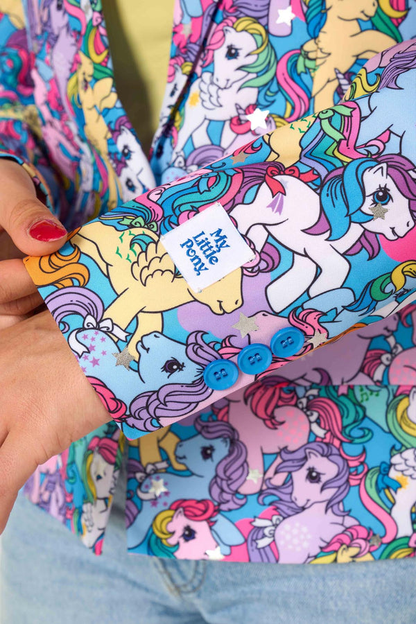 Colorful My Little Pony blazer with cartoon characters held by a person