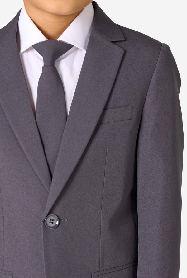 Gray suit jacket with a white shirt and tie on a white background