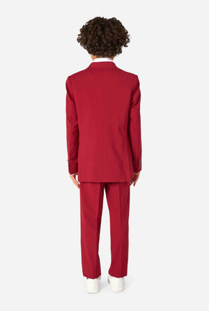 Person wearing a red suit on a white background. View from the back