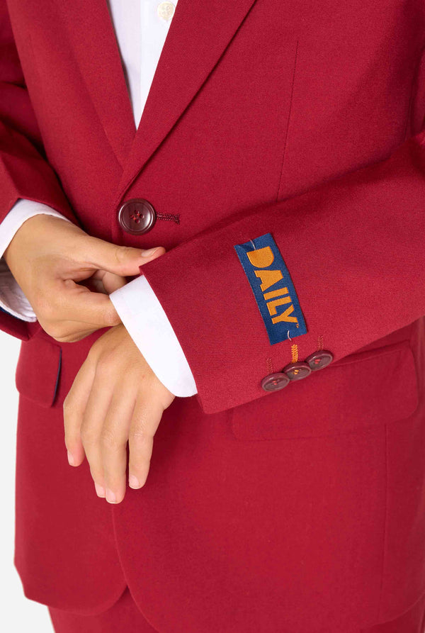 Red suit jacket with a 'Daily' logo on the sleeve.