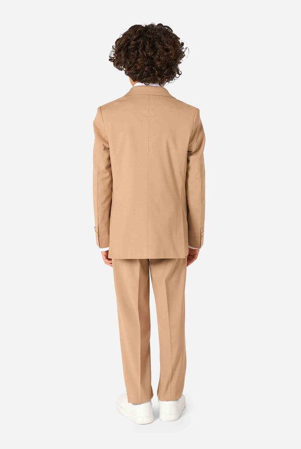 Person wearing a beige suit on a white background. View from the back