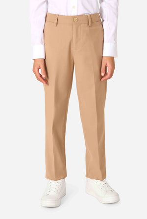 Beige pants worn with a white shirt and white sneakers on a white background