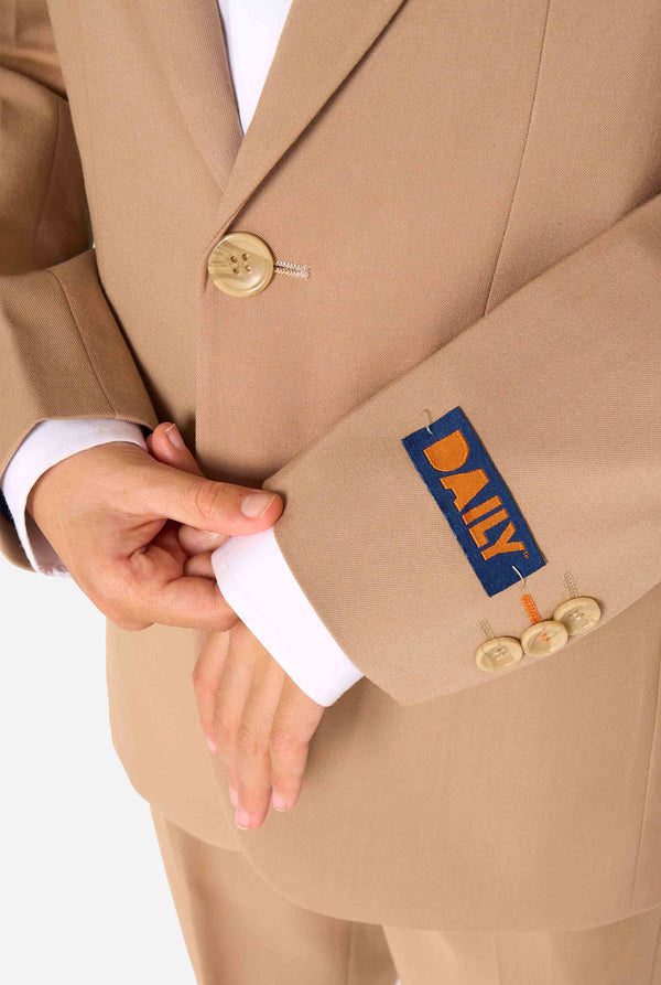 Beige suit jacket with a visible brand logo on a white background
