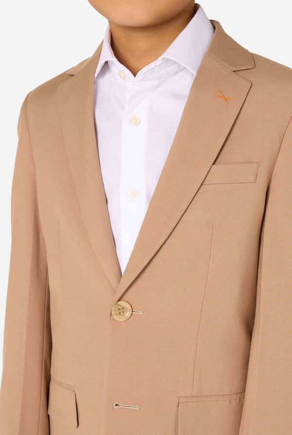 Beige suit jacket worn by a person with a white shirt underneath, on a light gray background.