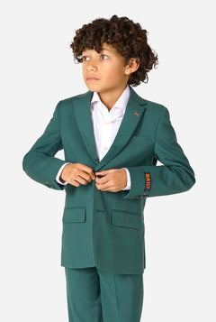 Child wearing a green suit with a white shirt on a white background