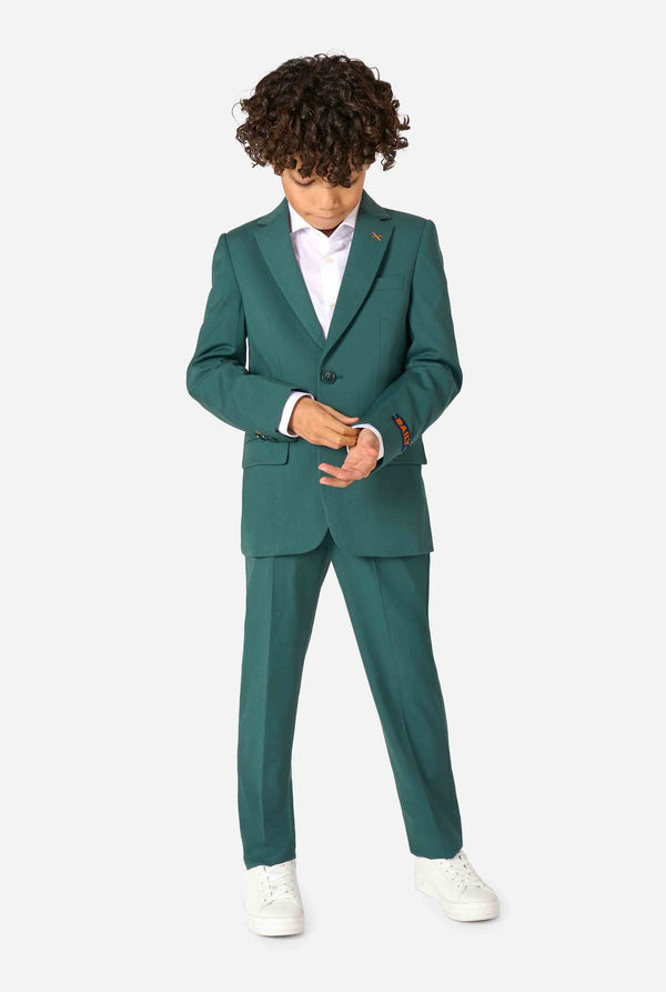 Person wearing a green suit with a white shirt on a white background. Full body image